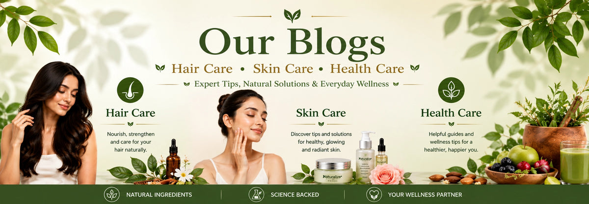 A promotional banner for a blog about hair, skin, and health care, featuring three women, bottles, plants, and fruits on a light green background with dark green text and leaf graphics.